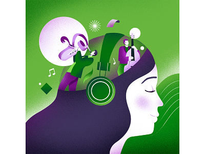 The music is in our head art branding character design girl graphic graphic design head headphones illustration inside music play music shapes ui vector