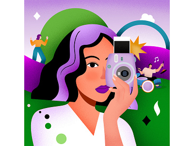Girl takes pictures at the festival animation art branding character dance design festival girl graphic graphic design illustration instax logo music festival photo picture shapes taking pictures ui vector