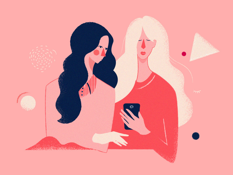 Friends brunette blonde pink shapes friends smartphone vector graphic girls character illustration