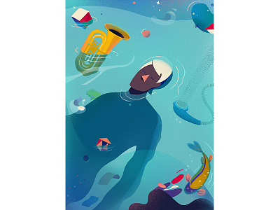 Deep In Thought abstract character deep editoral fish graphic guy illustration magazine music painting shapes thought vector water