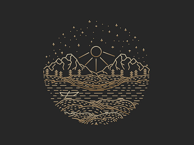 Starlight badge canoe custom hand drawn handmade illustration line art moon mountains outdoors scenery stars