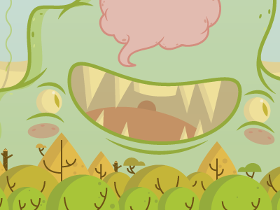 Dribbble sludge brain eyes green horns monster pink smile teeth trees