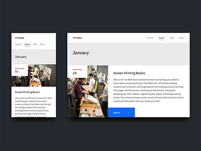 IBM Makes: Events calendar duo events grid ibm left aligned make lab modular printmaking responsive type scale web application