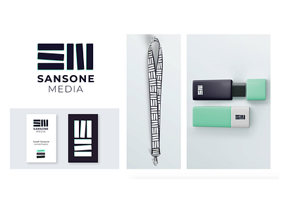 Sansone Media Brand branding green initials lanyard logo media montserrat neon pattern purple space vector video