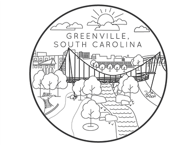 Vector Illustration- Downtown Greenville, SC art bridge buildings clouds greenville line south carolina sun trees vector waterfall