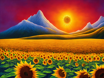 Sunflowers on the background of mountains and the sun