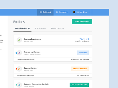 Recruiter create dashboard drafts interviews jobs list offer position recruiter