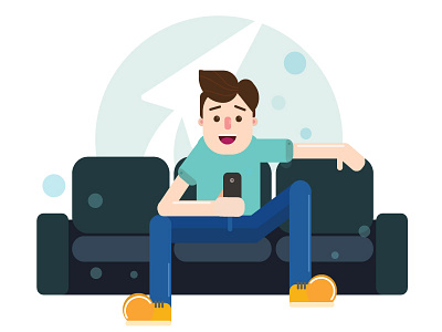 Man app character flat design happy illustrator man man sitting mobile sofa yang man