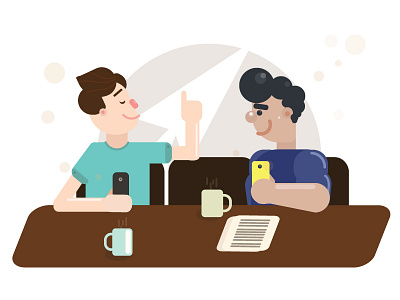 Two men are talking app character flat design happy illustrator man man sitting mobile sofa yang man