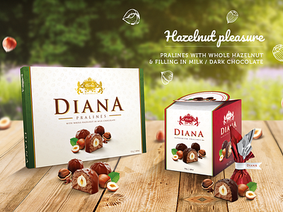 Diana - chocolate pralines with hazelnut box carla chocolate design graphic hazelnut mock up package pralines