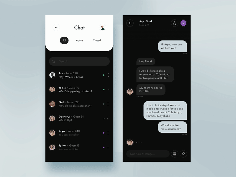 Dark Mode Chat UI Exploration - Staytus animation app design chat clean dark theme dark ui messaging typography ui uxdesign