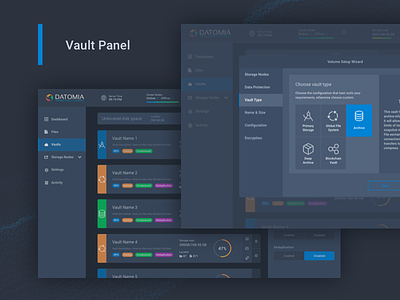 Datomia Vaults Management admin cloud dashboard files panel showcase ui ux web