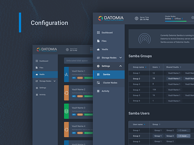 Datomia Storage Configuration admin cloud dashboard files panel showcase ui ux web