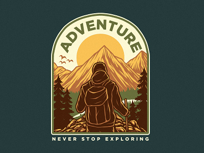 ADVENTURE (Never Stop Exploring) adventure apparel artwork badge branding clothing design designforsale drawing illustration outdoor retro streetwear tshirt vintage