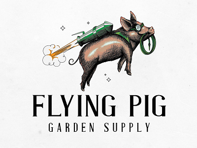Flying Pig designer flying garden graphic illustration logo pig rocket supply