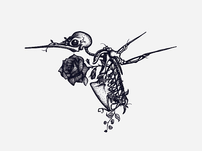 Hum bird bones drawing fashion feminine flowers hummingbird illustration intricate roses skeleton t shirt