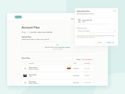 Account Files Library card list documents drag drop files index insurance library product design sort ui. upload ux