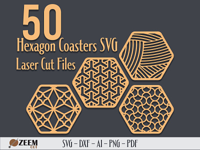 50 Laser Cut Geometric Hexagon Coasters SVG Files