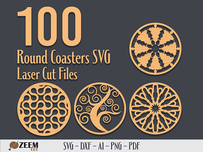 100 Round Coasters Laser Cut SVG Files