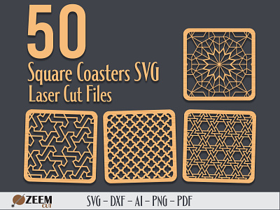 50 Square Coasters Laser Cut SVG Files dxf files glowforge files laser cut files square coasters svg svg files