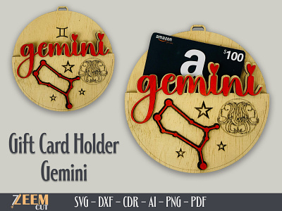 Gemini Zodiac Card Holder SVG Laser Cut Files Template dxf files gemini gift card holder svg gemini zodiac svg laser cut files svg files