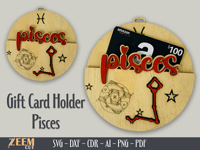 Pisces Zodiac Gift Card Holder SVG Laser Cut Files Template dxf files glowforge tested files laser cut files pisces gift card holder svg pisces zodiac sign svg files