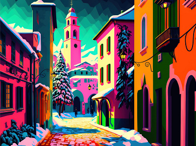 Winter in towt ai canvas print illustration painting wall art