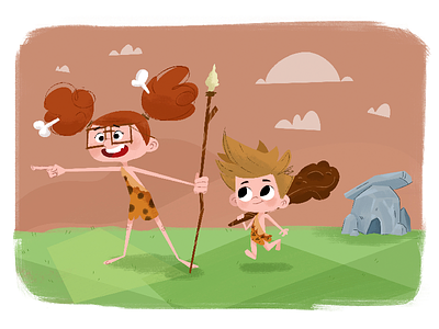 Time travellers boy children girl illustration prehistoric