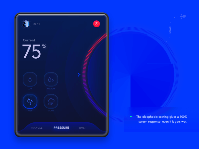 Button With Circular Processing for Smart Shower application button circular clean concept futurism futuristic interface ios mobile percentage pressure screen scroll shower smart smart home smarthome temperature ui