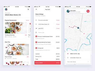 Food Delivery App checkout delivery ecommerce food food app map menu minimal red restaurant ui uiux ux white