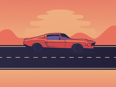 Mustang sunset 2d car desert explore flat gradient lineart muscle car mustang ride shelby sun sunset vector vector illustration warm
