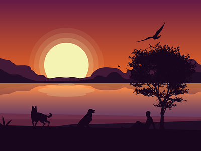Sunset Lake - First Dribbble Post adobe illustrator art beach dog illustration illustrator lake reflection sunset vector