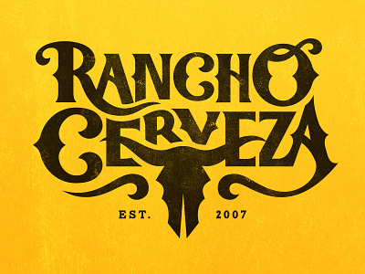 Rancho Cerveza II cow skull hand drawn illustration lettering logo rodeo typography western