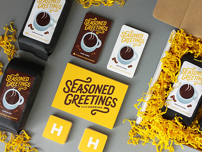 Seasoned Greetings coffee gift herring design holiday identity packaging yellow