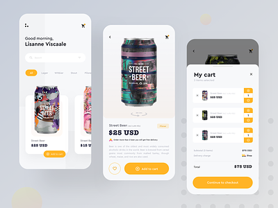 Online Beer shop app exploration 360 view add to bag add to cart app beer beer app beer shop checkout delivery app discount ecommerce app favorite filters ios app design menu mobile online beer shop product design sort by style guide