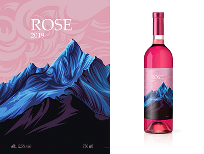 WINE bottle label design. Rose blue bottle branding design illustration illustrator label montenegro mountain nature pink rose vector wine