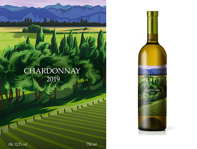 WINE bottle label design. Chardonnay artist artwork bottle branding design illustration label landscape mountains nature trees vector wine winery