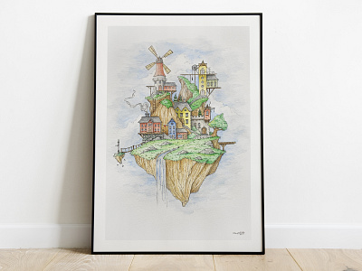 Flying Island Illustration aquarel cloud dhultin flyingisland hills house illustration ink island water windmill