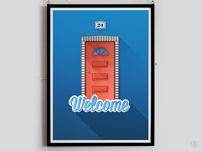 Welcome blue dh door flat longshadow poster red type typography vector