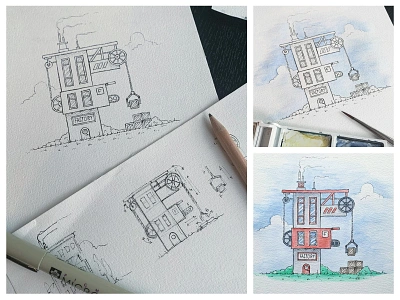 F - 2020 36daysoftype boxes bushes cloud dhultin factory hand drawn house hultin illustration lift wheels