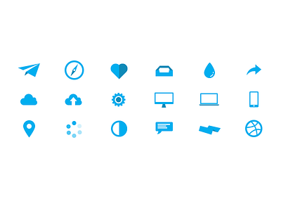 My First Glyphs. blue chat cloud compass contrast desktop dribbble drop glyph heart laptop loading mail mailbox map phone pin plane settings share upload vector