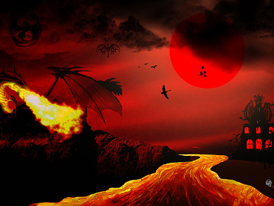 Horror/Fantasy Landscape Design adobe photoshop brush tool dark dark clouds design digital art dragon breathing fire graphic design halloween haunted hell horror horror house landscape design lava river meteor red sun scary skull spooky