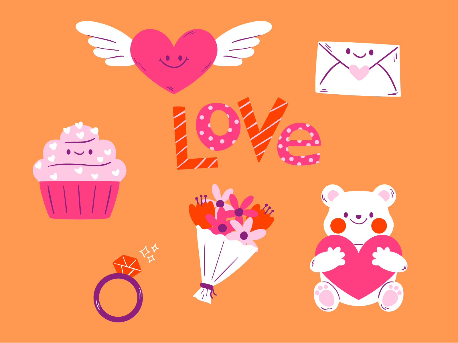 Valentine's Day Icons character design cupcake cute cute animal doodle flowers free download free illustration freebie illustration love day love letter vector illustration