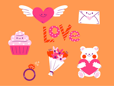 Valentine's Day Icons character design cupcake cute cute animal doodle flowers free download free illustration freebie illustration love day love letter vector illustration