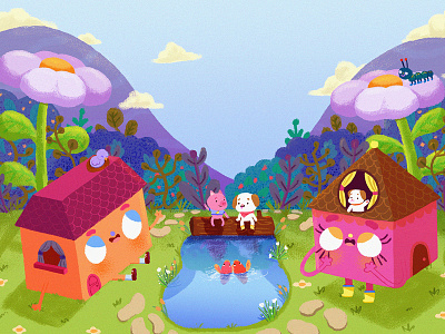 Lago caterpillar character design children illustration cute fantasy flowers friendship garden happy illustration kawaii lake magic painting piglet pond puppy