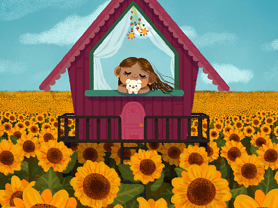 Jardín cabin camp character design children illustration cute dog dream field friendship garden home illustration jardin kawaii love magic painting puppy sun sunflower