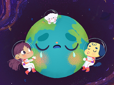 Taking care of the Earth astronut character design children book illustration children illustration cute digital painting earth day friendship help illustration kawaii love lovely planet puppy space stars