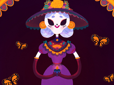 Catrina butterfly calavera candle catrina cempasuchil character design children illustration day of the dead dia de muertos digital painting flowers folklore​ illustration kawaii mexican culture mexico monarch butterfly painting skull traditions