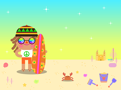 Pimpon beach character design children illustration cute doodle happy hippie illustration kawaii reggae sand sunset surf surf board