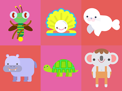 Animals 3 bug character concept character design characters children illustration cute doodle firefly happy hippo illustration kawaii kids koala lovely pearl seal seashell turtle vector illustration